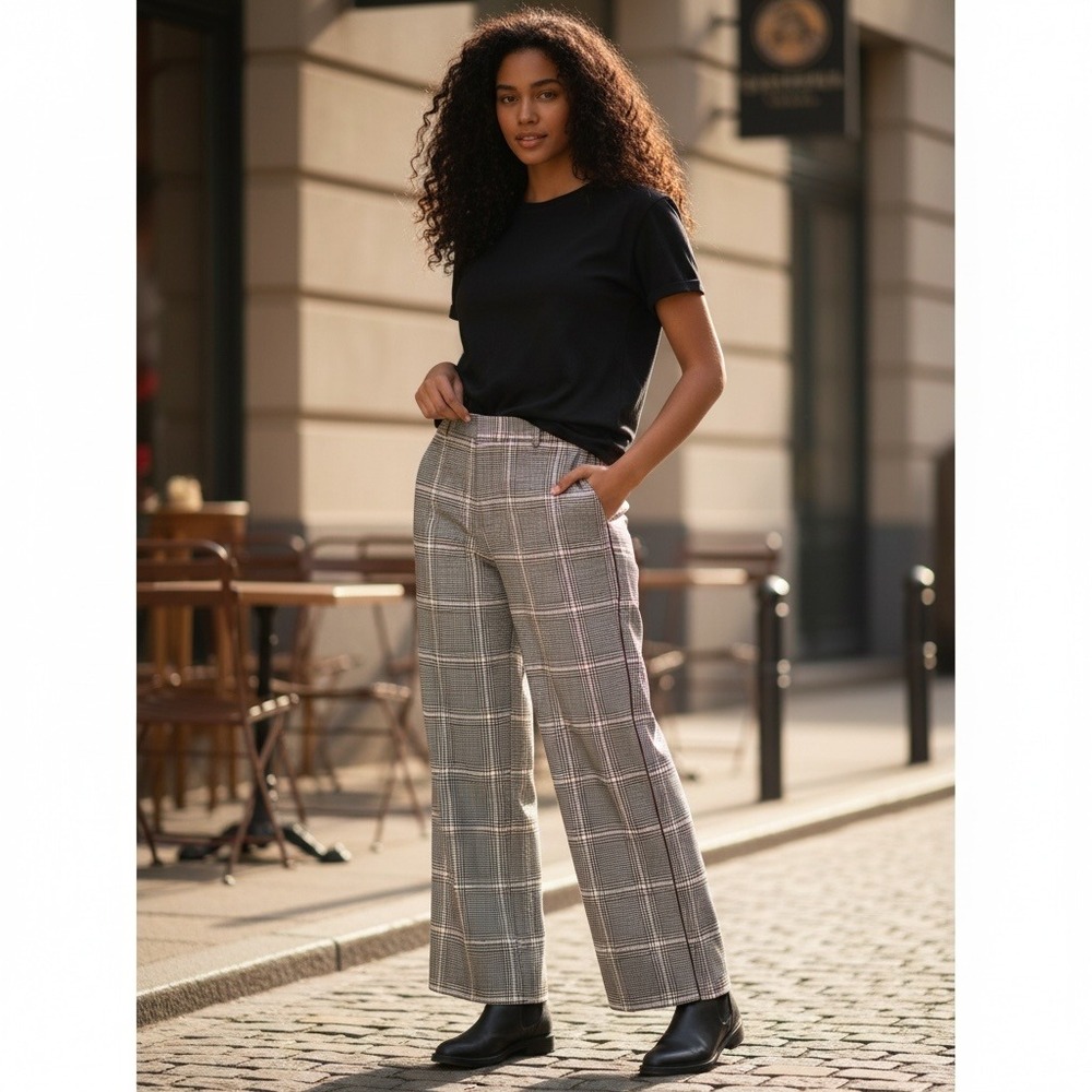 Abercrombie & Fitch Simone Flare Pants Women L Tan Plaid High Rise Dark Academia